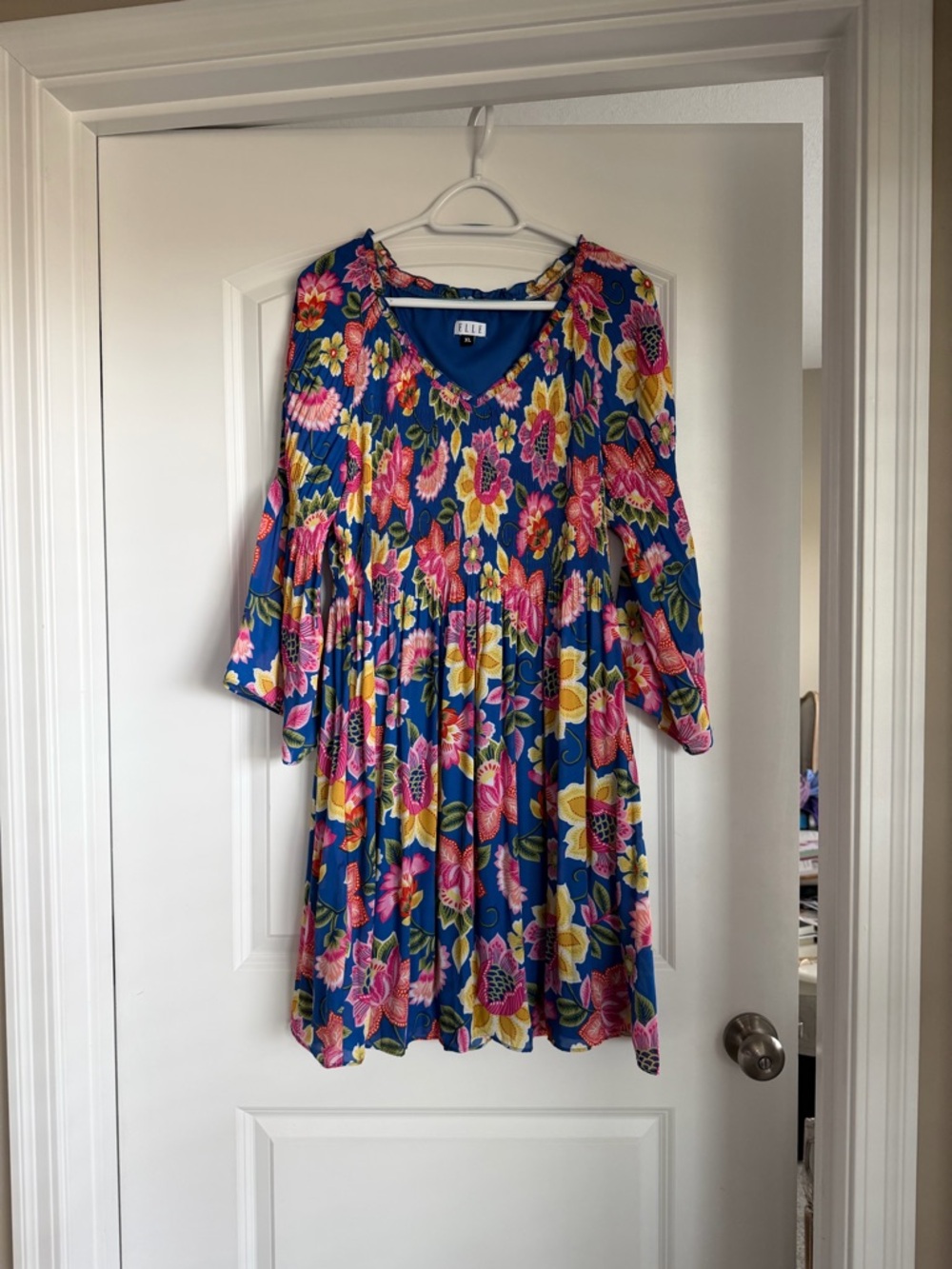 Elle Blue Floral Dress with Pink & Yellow Blooms